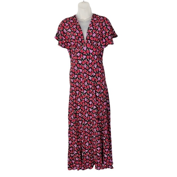 Zara Pink & Red Floral Short Sleeve A-Line Maxi Dress XS - Picture 2 of 7
